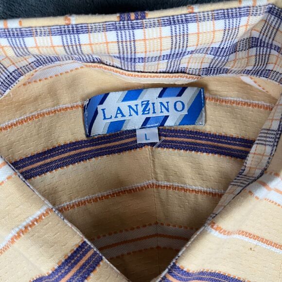 Lanzino Mens Button Front Shirt Yellow Stripe Long Sleeve Flip Cuff Sz Large - Picture 4 of 7